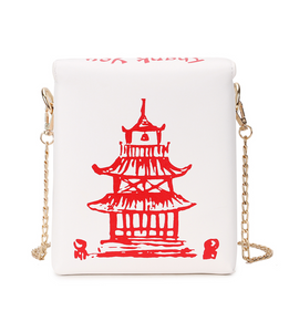 white Chinese takeout box purse with gold chain strap 