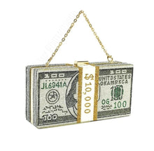 Load image into Gallery viewer, One hundred dollar bill rhinestone clutch purse