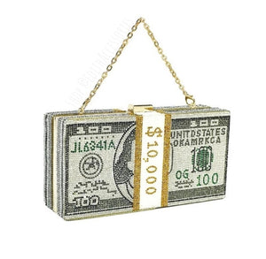 One hundred dollar bill rhinestone clutch purse